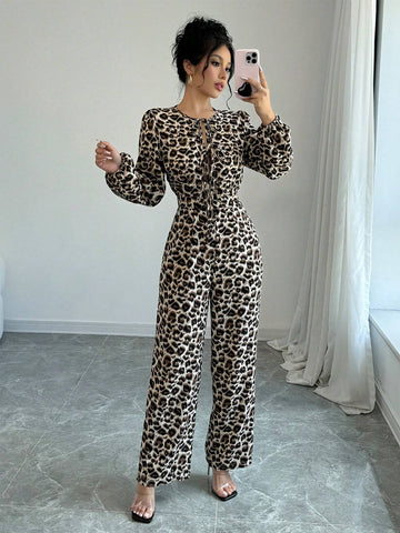 Women's Casual Leopard Print Jumpsuit With Tie-Up Balloon Sleeves, Autumn