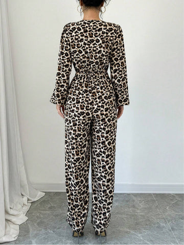 Women's Casual Leopard Print Jumpsuit With Tie-Up Balloon Sleeves, Autumn