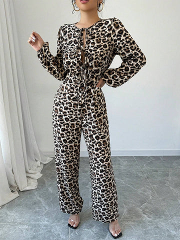 Women's Casual Leopard Print Jumpsuit With Tie-Up Balloon Sleeves, Autumn