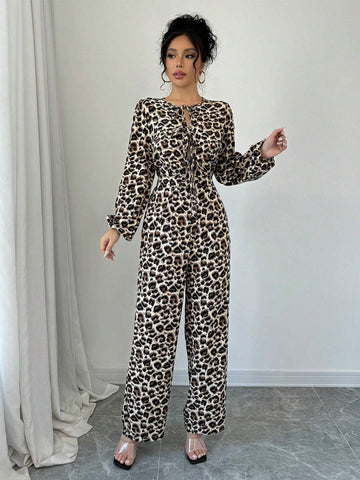 Women's Casual Leopard Print Jumpsuit With Tie-Up Balloon Sleeves, Autumn