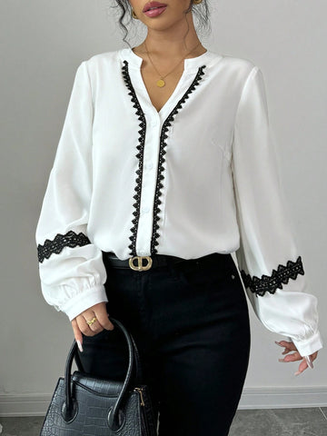 Privé Women's Casual Shirt, Round Neck, Long Sleeve, Lantern Sleeve, Cuff Splice & Drawstring, Button Cuff, Front Button Closure, Front & Sleeve Ruffle Trim, Colorblock, Woven Fabric In Apricot Color, Autumn/Winter