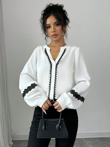 Privé Women's Casual Shirt, Round Neck, Long Sleeve, Lantern Sleeve, Cuff Splice & Drawstring, Button Cuff, Front Button Closure, Front & Sleeve Ruffle Trim, Colorblock, Woven Fabric In Apricot Color, Autumn/Winter