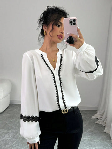 Privé Women's Casual Shirt, Round Neck, Long Sleeve, Lantern Sleeve, Cuff Splice & Drawstring, Button Cuff, Front Button Closure, Front & Sleeve Ruffle Trim, Colorblock, Woven Fabric In Apricot Color, Autumn/Winter