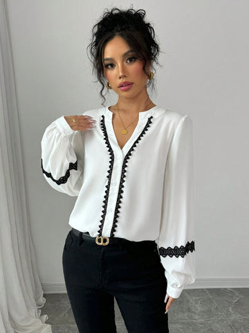 Privé Women's Casual Shirt, Round Neck, Long Sleeve, Lantern Sleeve, Cuff Splice & Drawstring, Button Cuff, Front Button Closure, Front & Sleeve Ruffle Trim, Colorblock, Woven Fabric In Apricot Color, Autumn/Winter