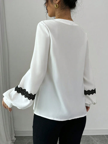 Privé Women's Casual Shirt, Round Neck, Long Sleeve, Lantern Sleeve, Cuff Splice & Drawstring, Button Cuff, Front Button Closure, Front & Sleeve Ruffle Trim, Colorblock, Woven Fabric In Apricot Color, Autumn/Winter