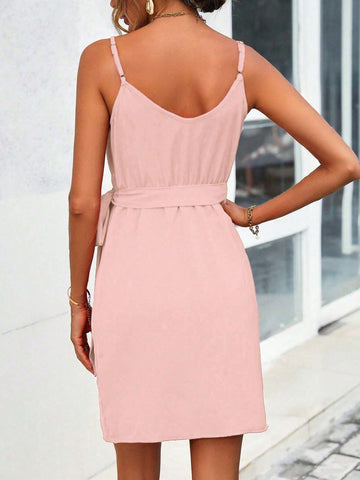Women's Casual Sleeveless Wrap Tie Front Solid Color Dress, Summer