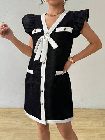 Women's Casual Solid Color Crew Neck Tie Front Lantern Sleeve Straight Mini Dress, Summer &