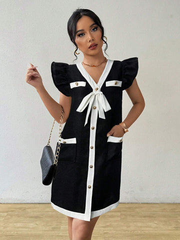 Women's Casual Solid Color Crew Neck Tie Front Lantern Sleeve Straight Mini Dress, Summer &