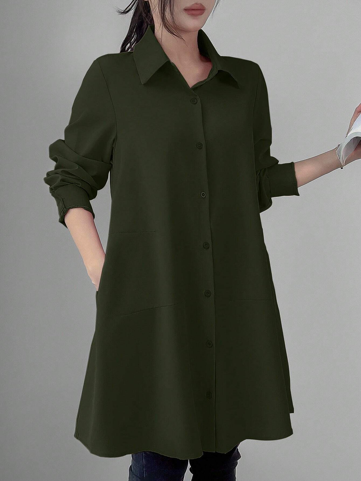 Privé Women's Casual Solid Color Mid-Length Shirt, Spring Autumn