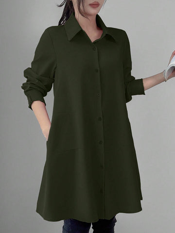 Privé Women's Casual Solid Color Mid-Length Shirt, Spring Autumn