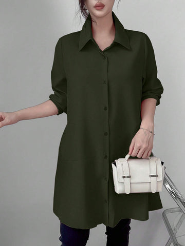 Privé Women's Casual Solid Color Mid-Length Shirt, Spring Autumn