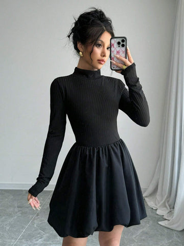 Women's Casual Solid V-Neck Long Sleeve Ruffles Hem Mini Dress, Spring & Summer, Black Clothes
