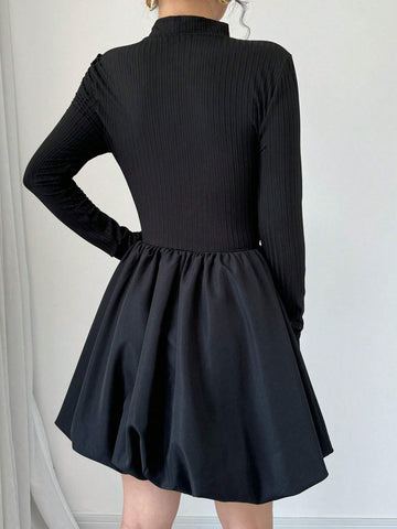 Women's Casual Solid V-Neck Long Sleeve Ruffles Hem Mini Dress, Spring & Summer, Black Clothes