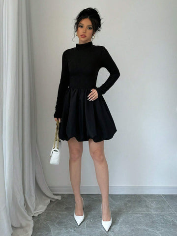 Women's Casual Solid V-Neck Long Sleeve Ruffles Hem Mini Dress, Spring & Summer, Black Clothes