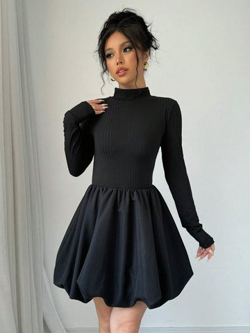 Women's Casual Solid V-Neck Long Sleeve Ruffles Hem Mini Dress, Spring & Summer, Black Clothes