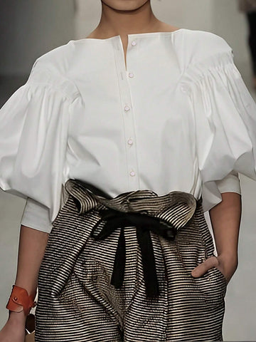 Privé Women's Casual White Shirt With Lantern Sleeves