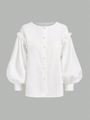 Privé Women's Casual White Shirt With Lantern Sleeves