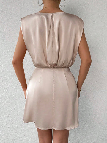 Women's Champagne Asymmetric Hem Sleeveless Wide Shoulder Short Dresses,Champagne Colored