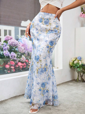 Privé Women's Chiffon Bleached Flower Cutout Printed Romantic Mermaid Skirt Summer Clothes