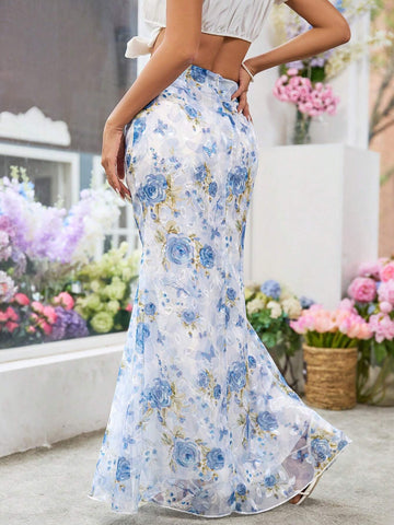 Privé Women's Chiffon Bleached Flower Cutout Printed Romantic Mermaid Skirt Summer Clothes