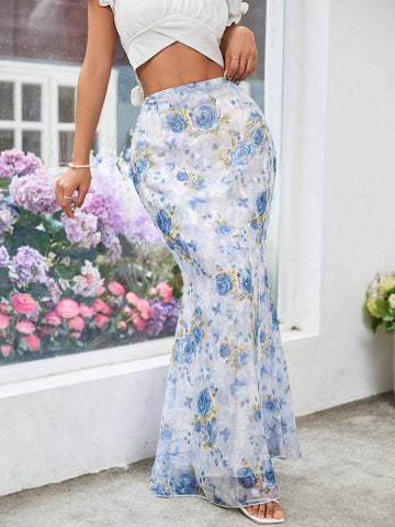 Privé Women's Chiffon Bleached Flower Cutout Printed Romantic Mermaid Skirt Summer Clothes