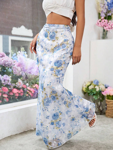 Privé Women's Chiffon Bleached Flower Cutout Printed Romantic Mermaid Skirt Summer Clothes