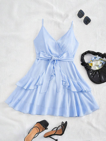 Women's Chiffon Light Blue V-Neck A-Swing Dress,Light Blue Dress,Short Summer Dress,Blue Dress,Chiffon Dress,Ruffled Skirt,Romantic Short Dress,Suitable For Daily, Commuting, Vacation, Dating, Outing,V-Neck Sexy Romantic Dress,Lace-Up Dress