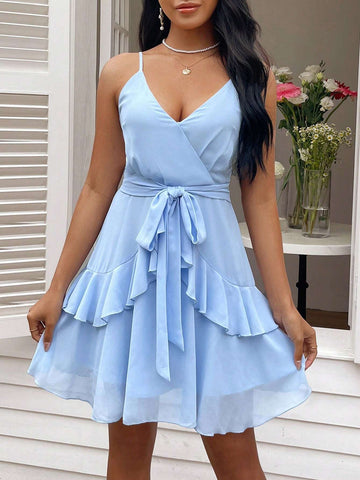 Women's Chiffon Light Blue V-Neck A-Swing Dress,Light Blue Dress,Short Summer Dress,Blue Dress,Chiffon Dress,Ruffled Skirt,Romantic Short Dress,Suitable For Daily, Commuting, Vacation, Dating, Outing,V-Neck Sexy Romantic Dress,Lace-Up Dress