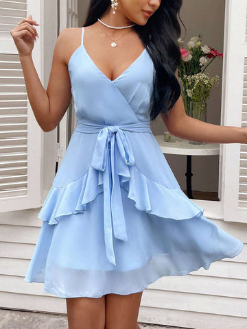 Women's Chiffon Light Blue V-Neck A-Swing Dress,Light Blue Dress,Short Summer Dress,Blue Dress,Chiffon Dress,Ruffled Skirt,Romantic Short Dress,Suitable For Daily, Commuting, Vacation, Dating, Outing,V-Neck Sexy Romantic Dress,Lace-Up Dress