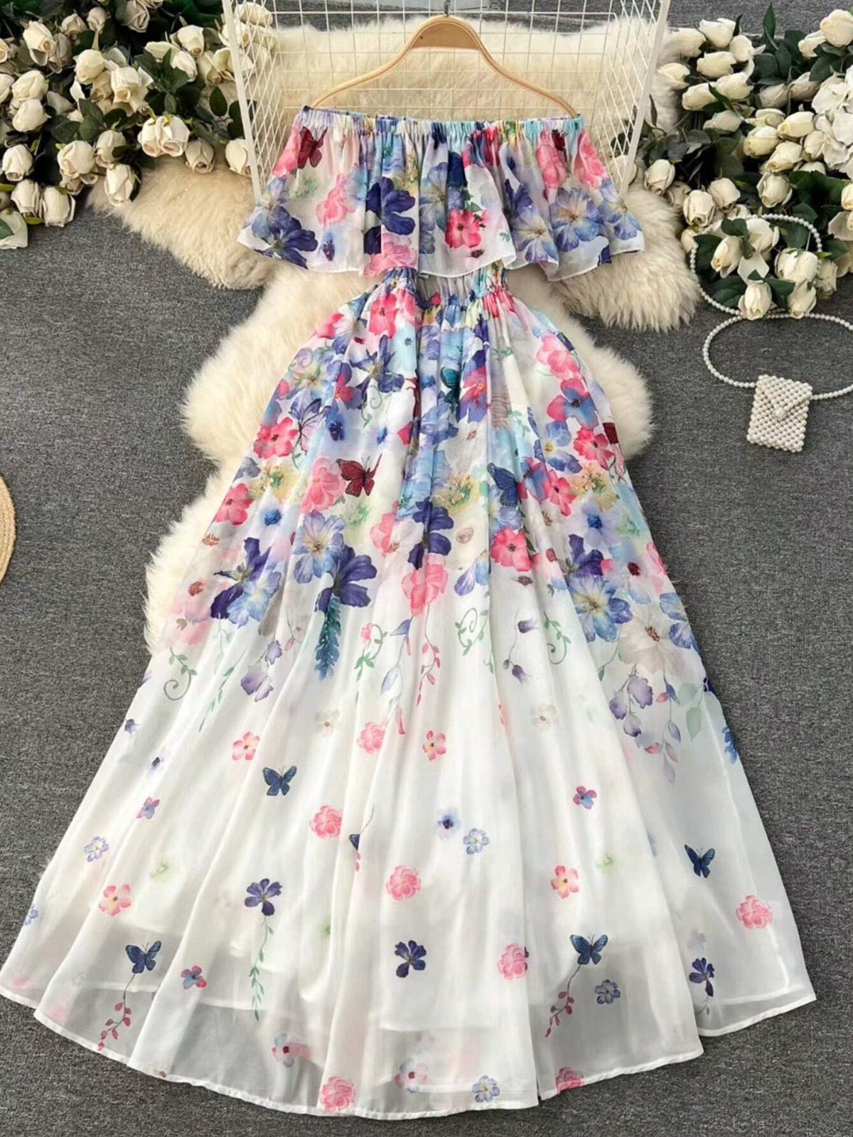 Women's Chiffon Printed Off Shoulder Dress