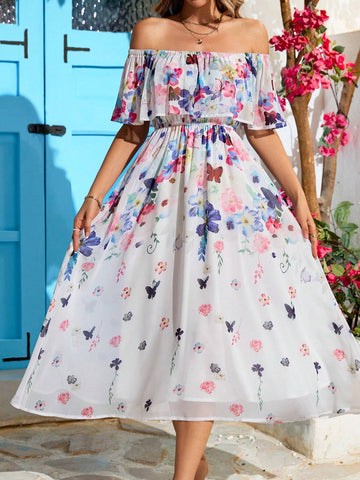 Women's Chiffon Printed Off Shoulder Dress