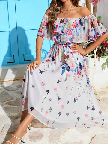Women's Chiffon Printed Off Shoulder Dress