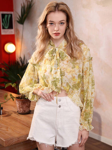 Privé Women's Chiffon Shirt With Irregular Hem, Elastic Cuffs, Ruffle Detail And Random Print Necktie