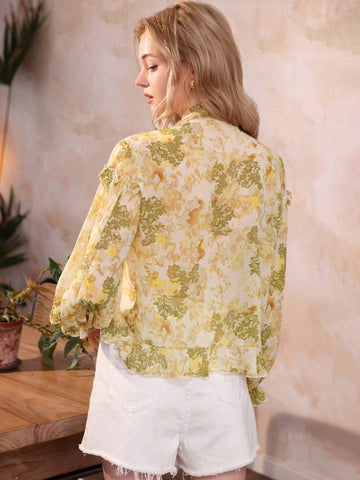 Privé Women's Chiffon Shirt With Irregular Hem, Elastic Cuffs, Ruffle Detail And Random Print Necktie