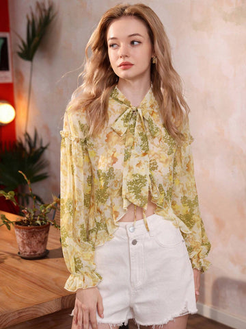 Privé Women's Chiffon Shirt With Irregular Hem, Elastic Cuffs, Ruffle Detail And Random Print Necktie