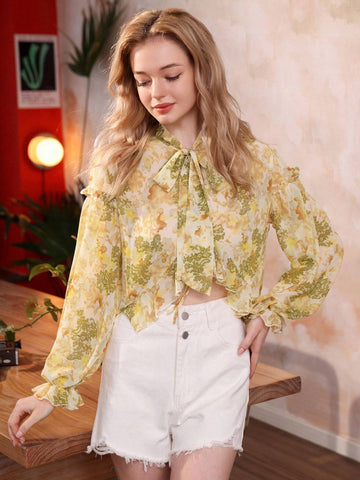 Privé Women's Chiffon Shirt With Irregular Hem, Elastic Cuffs, Ruffle Detail And Random Print Necktie