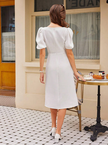Women's Classic French-Style Clean Color Bubble-Sleeved Square-Necked Waist-Collected Elegant Dress