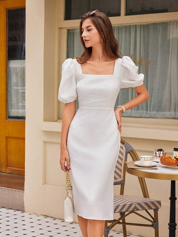 Women's Classic French-Style Clean Color Bubble-Sleeved Square-Necked Waist-Collected Elegant Dress