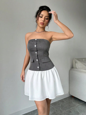 Women's Color-Block Simple Daily Strapless Dress