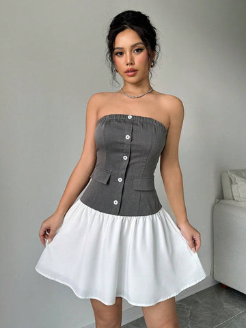 Women's Color-Block Simple Daily Strapless Dress