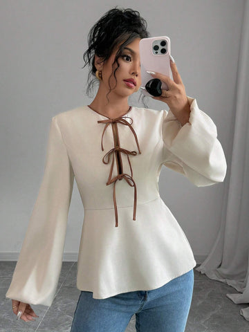 Privé Women's Color Block Knotted Blouse, Elegant French Style Work Shirt, Long Sleeve