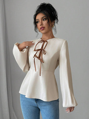 Privé Women's Color Block Knotted Blouse, Elegant French Style Work Shirt, Long Sleeve