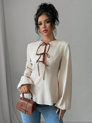 Privé Women's Color Block Knotted Blouse, Elegant French Style Work Shirt, Long Sleeve