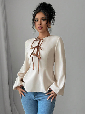 Privé Women's Color Block Knotted Blouse, Elegant French Style Work Shirt, Long Sleeve