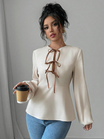 Privé Women's Color Block Knotted Blouse, Elegant French Style Work Shirt, Long Sleeve