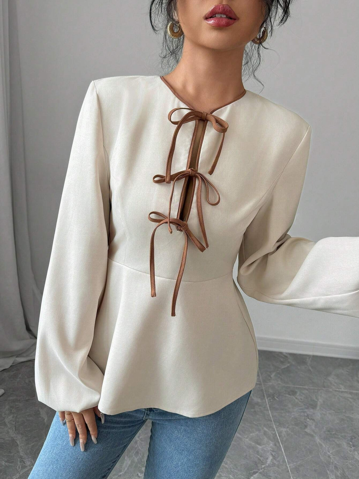 Privé Women's Color Block Knotted Blouse, Elegant French Style Work Shirt, Long Sleeve