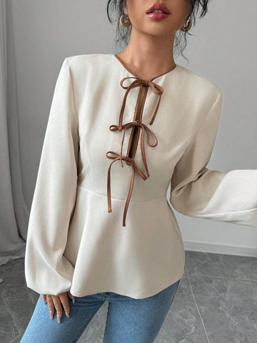 Privé Women's Color Block Knotted Blouse, Elegant French Style Work Shirt, Long Sleeve