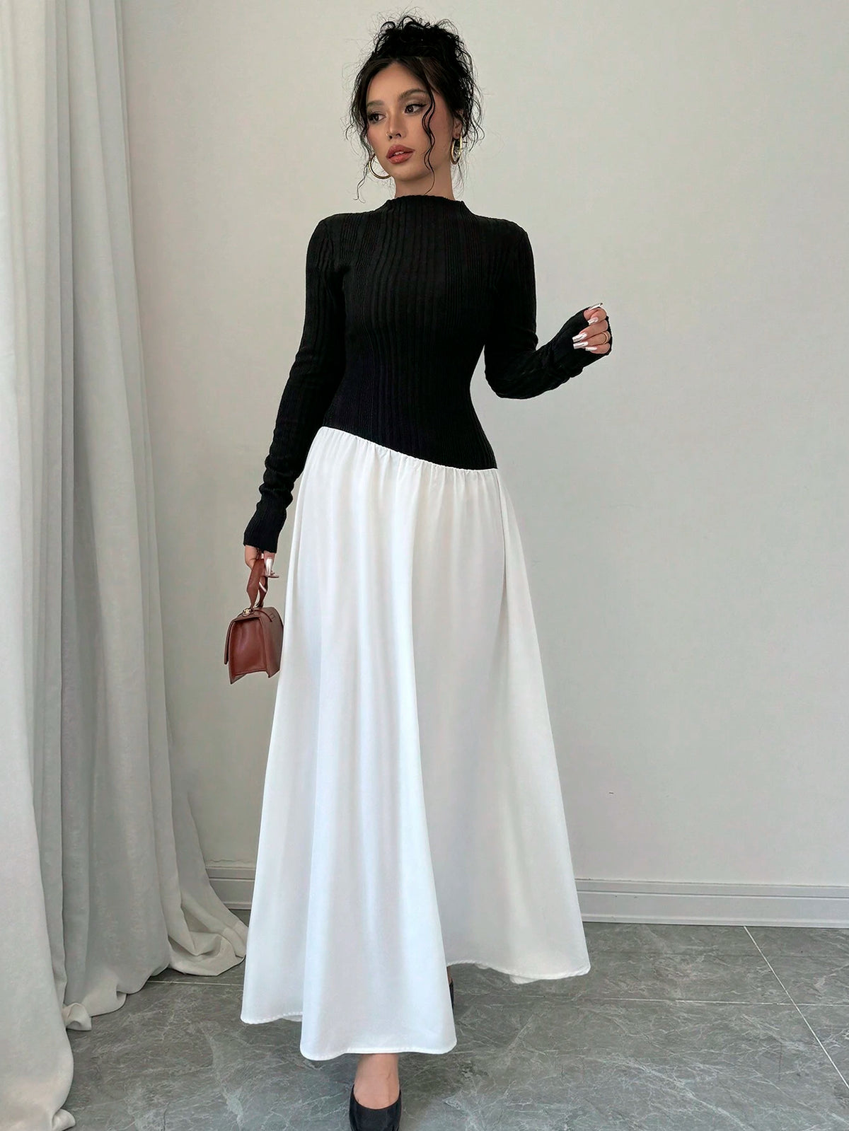 Women's Colorblock Long Sleeve Midi Floral Dress, Autumn/Winter