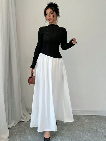 Women's Colorblock Long Sleeve Midi Floral Dress, Autumn/Winter