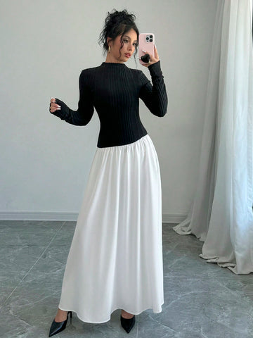 Women's Colorblock Long Sleeve Midi Floral Dress, Autumn/Winter